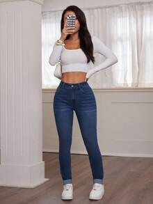 SHEIN PETITE Blugi blugi skinny cu talie înaltă, stil casual pentru femei, toamnă, iarnă, Halloween, Crăciun, Anul Nou, anii 2000, călătorii, naveta, petrecere, vacanță, stilul banilor vechi, cumpărături, banchet, eleganți, casual, minimalisti, cu mustăți de pisică, blugi albaștri, blugi skinny clasici, spălare închisă, pentru femei, pentru ținute casual de zi cu zi, la modă, versatili, cu tiv rulat, pantaloni scurți din denim elastici - Albastru - Vizualizare 6