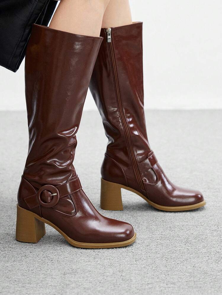 CUCCOO BIZCHIC 여성 패션 오버 니 부츠, 스퀘어 토 청키 힐 디자인, 솔리드 버건디 컬러, 사이드 지퍼, 스커트, 청바지, 코트, 가을/겨울, 패션쇼, 출퇴근, 스타일리시한 여성 롱 부츠에 다용도