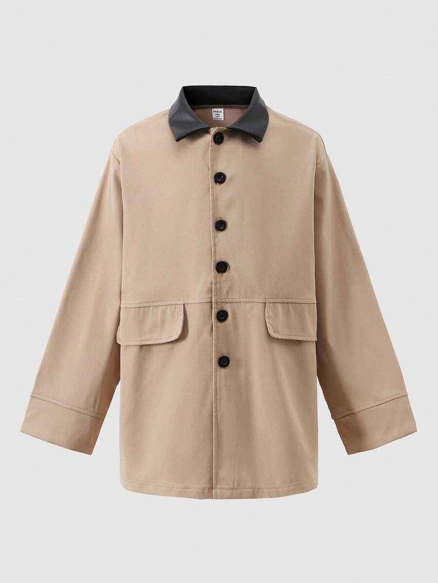 Casual Outdoor Long Sleeve Button Tween Girls Coats, Autumn/Winter Fall - Khaki - View 1