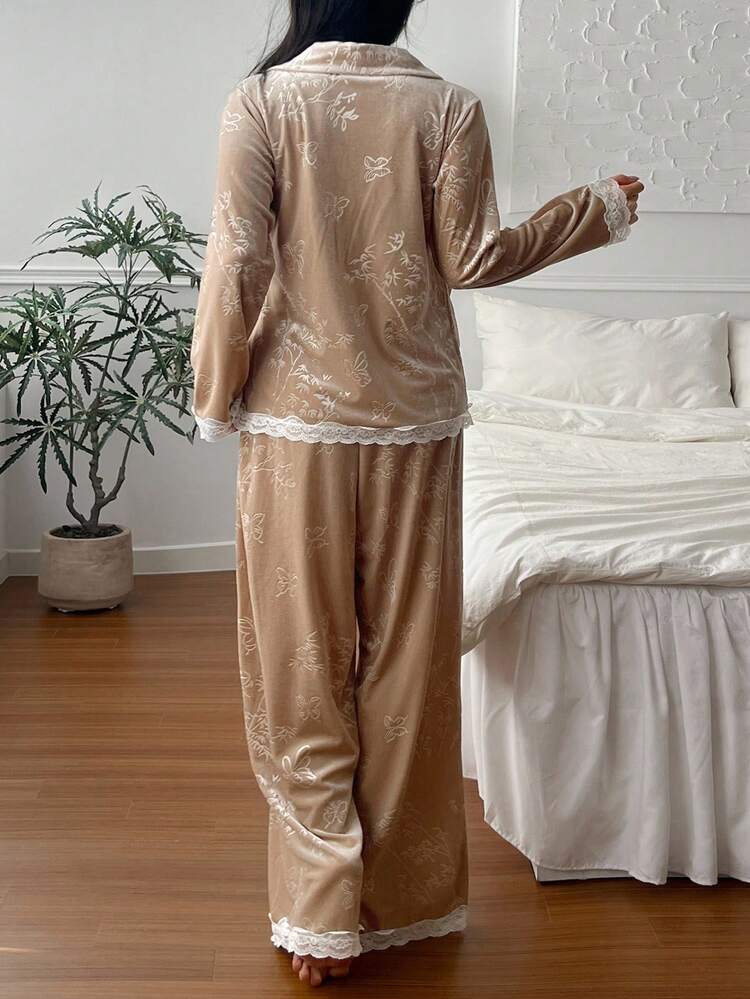 Chinese Style 3D Bamboo Pattern Velvet & Lace Patchwork Women Pajama Set Fall,Winter Clothes
