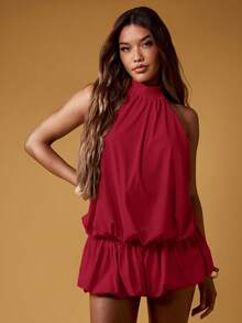 MISSGUIDED 露背吊带迷你连衣裙，泡泡袖下摆，露背设计，适合夏季派对晚宴，褶皱高领，优雅时尚 - 酒紅色 - 查看 4