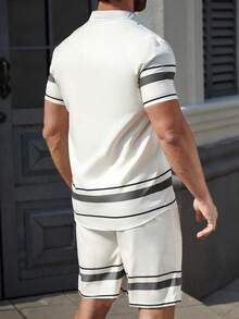 Manfinity Mode 男士撞色条纹前开襟纽扣修身短袖休闲衬衫，适合夏季度假穿着。 - 彩色 - 查看 2