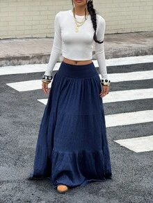 MainGRL Navy Blue Women's Casual A-Line Skirt, Summer - Navy Blue - View 5