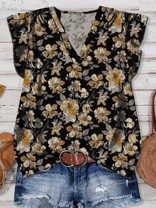 EMERY ROSE 休闲复古花卉图案V领简约女式衬衫，适合夏季 - 黑色 - 查看 3