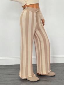 SHEIN PETITE Women Drawstring Waist Striped Knit Sweater Pants , Fall Winter - Multicolor - View 4