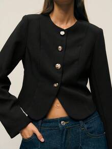 Nöista Women's Cropped Blazer,Black And Gold Elegant Round Neckline Office Summer Jacket With Gold-Embossed Textured Buttons For Professional Look - Black - View 3