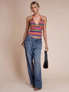 SHEIN BAE Women's Y2K Geometric Pattern Cropped Fitted Sexy Halter Neck Camisole - Orange - View 7