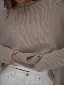 MUSERA Graphic Embossed '' Logo Ribbed Hems Oversized Knit Sweater Classy Cute Sexy Streetwear Night Out Winter Evening Elegant - Khaki - View 6