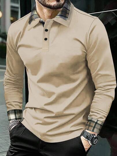 Manfinity Homme Men Casual Fabric Apricot Long Sleeve Regular Fit Polo Shirt With Plaid Collar And Cuffs, For Everyday Wear Stylish, Fall