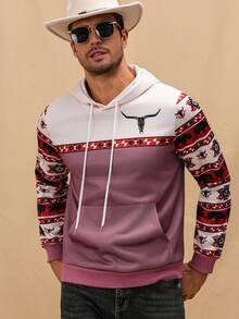 Manfinity Nomadique Men's Vintage Style Patchwork Long Sleeve Hoodie, Husband,Going Out, Casual, Graphic, Color Block Hoodies, Fall Winter