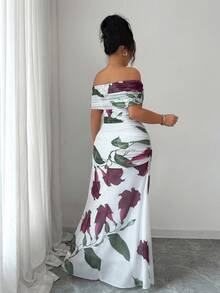 Modelyn 大码女式网眼印花露肩褶饰晚礼服 - 白色 - 查看 2