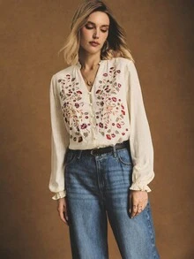 Poéselle Casual Loose Long Sleeve Embroidered Women Shirt, Suitable For Daily Wear, Boho Blouses, Boho Tops, Floral Blouses, Embroidered Blouses