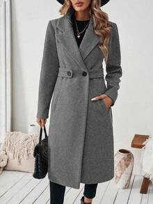 EMERY ROSE Winter Coat Fashionable & Versatile Notched Collar Belted Overcoat, Autumn/Winter Clothes For University Fall Cloth For Women