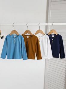 SHEIN 4pcs/Pack Baby Boy Casual Cute Solid Color Long Sleeve Knit T-Shirt, Unisex Baby Clothes, Baby Winter Clothes, Kindergarten - Multicolor - View 4