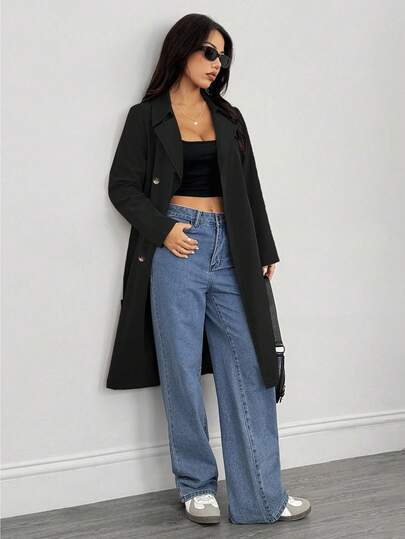 SHEIN PETITE Retro Long-Sleeved Waist Women's Trench Coat,Winter,New Year Eve,Business Black Coat