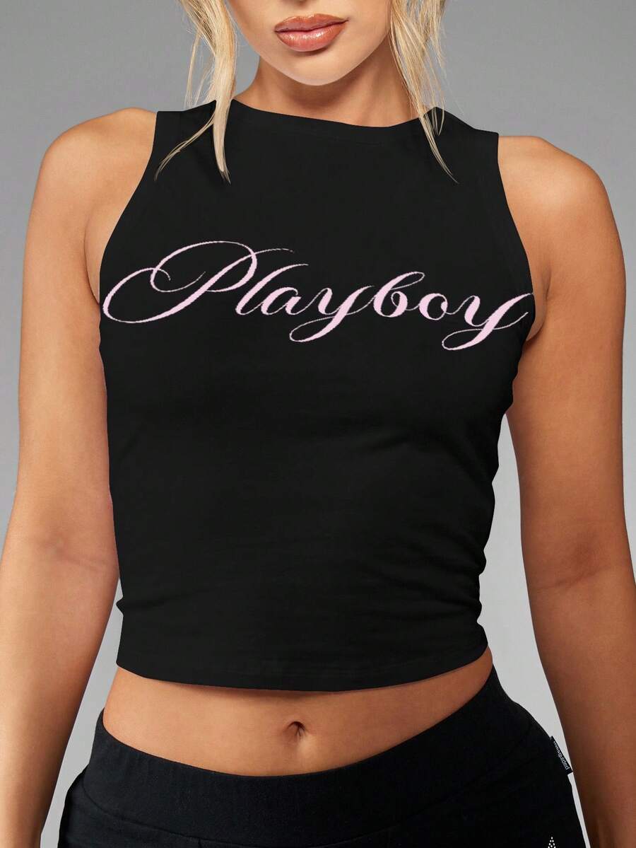 Missguided x Playboy 纯棉无袖露背短款上衣,饰有字母Logo设计,高领背心,适合夜店、晚宴、派对、休闲、节日等场合,夏季穿着。 - 黑色 - 查看 1
