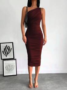 EURMUSE Váy midi trơn màu thanh lịch dành cho nữ - màu nâu - Xem 3