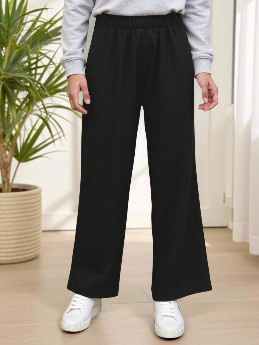 SHEIN Teen Girl Solid Color Elastic Waist Casual Simple Long Pants, Daily Wear - Black - View 1