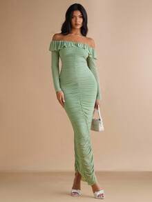 Silquee 鼠尾草绿色飘逸荷叶边露肩长袖优雅连衣长裙，性感别致，适合浪漫约会、派对、情人节、日常穿着、休闲外出、夜总会、派对、鸡尾酒会、泳池派对、学校季节、节日、女士连衣裙、婚礼、海滩活动、夜间外出和聚会 - 薄荷綠 - 查看 3