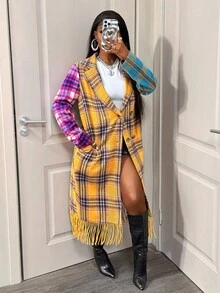 BamGleam 女士休闲长款格子流苏羊毛翻领大衣，秋冬 - 彩色 - 查看 3
