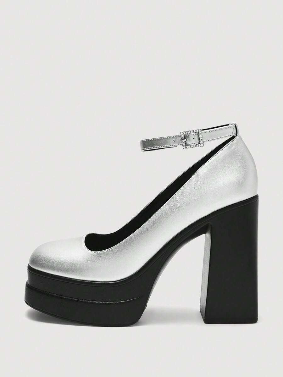 SheIn MOD 女士时尚玛丽珍百搭厚底高跟鞋 - 銀色 - 查看 1