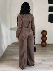 SHEIN SXY Bộ đồ vest và quần dài tay kẻ sọc công sở thường ngày dành cho nữ, Bộ 2 món màu nâu, Bộ 2 món cao, Bộ quần 2 món, Bộ 2 món Y2k, Bộ 2 món màu nâu, Trang phục công sở thường ngày dành cho nữ, Đi chơi, Quần áo thu đông màu nâu dành cho nữ - Màu Khaki - Xem 2