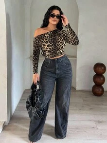 SHEIN SXY Camiseta de manga larga elegante con estampado de leopardo asimétrico, para otoño e invierno, estampado de leopardo, para salir, elegante, hombro asimétrico - Multicolor - Ver 4