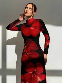 Aloruh 新款优雅黑色底红色扎染印花长袖修身连衣裙，适合晚宴、约会、日常穿着、秋季穿着、凉爽秋日、圣诞节、圣诞派对等场合。 - 黑色 - 查看 6