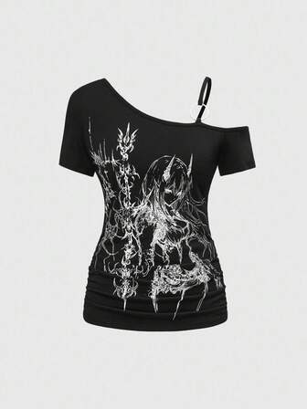 Grunge Punk Cute Tropical Purple Vine Cross Shoulder Sleeveless Elastic Ruched Women T-Shirt, Suitable For Summer Beach, Graduation, Easter, Concert, Nashville Vacation, Elegant