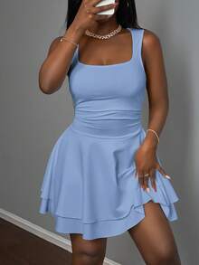 Slaydiva 2026春夏新款休闲度假浪漫基础款街头日常性感优雅通勤派对夜店俱乐部纯白无袖层叠迷你连衣裙，女士大码连衣裙 - 淺藍色 - 查看 6