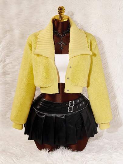  Y2K Amplova Yellow Casual Super Cool Lambswool Patchwork Fur Collar, Large Lapel, Long Sleeves, Sexy Waist Plus Size Faux Fur Coats In Fall/Winter