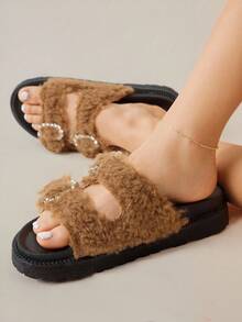 Solecia 女式搭扣设计毛绒厚底复古拖鞋 - 棕色 - 查看 7