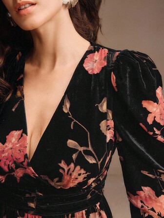 Anewsta Women's Velvet Floral Print V-Neck Dress, Elegant, Chic, Stylish, Suitable For Fall, Winter, New Year, Party, Wedding, Evening