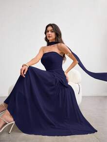 NOVVYNE 女式不对称荷叶边下摆露背连衣裙，优雅魅力，浅黄色，春夏 - 藏蓝色 - 查看 7