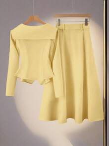 Franclia 女士优雅浪漫通勤披肩领仿口袋装饰门襟金属纽扣 A 字中长裙长袖两件套，秋冬 - 淡黃色 - 查看 2