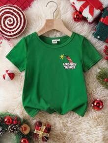 LOONEY TUNES X SHEIN Young Boy Casual Christmas Cute Cartoon Pattern Short Sleeve T-Shirt, Christmas Gift - Green - View 3
