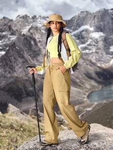 SHEIN Essnce Women's Casual Straight Leg Hiking Pants,Khaki Summer Vacation Detachable Denim Sun Protection Lightweight Quick Dry Outdoor Camping Hiking Pants - Black - View 4