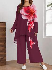 SHEIN Lacomfia Conjunto de 2 piezas de top de cuello redondo y pantalones de ajuste holgado con estampado digital de acuarela floral para mujer