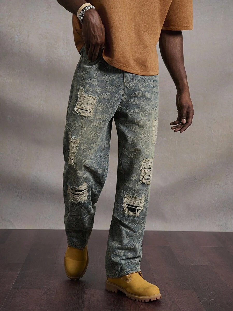PAVTROS Manfinity Streetrush Men's Distressed Patch Jacquard Retro Jeans,Loose Wide Leg Long Denim Pants,Aqua Blue Summer Streetwear City Break Acid Washed - Medium Wash - View 1