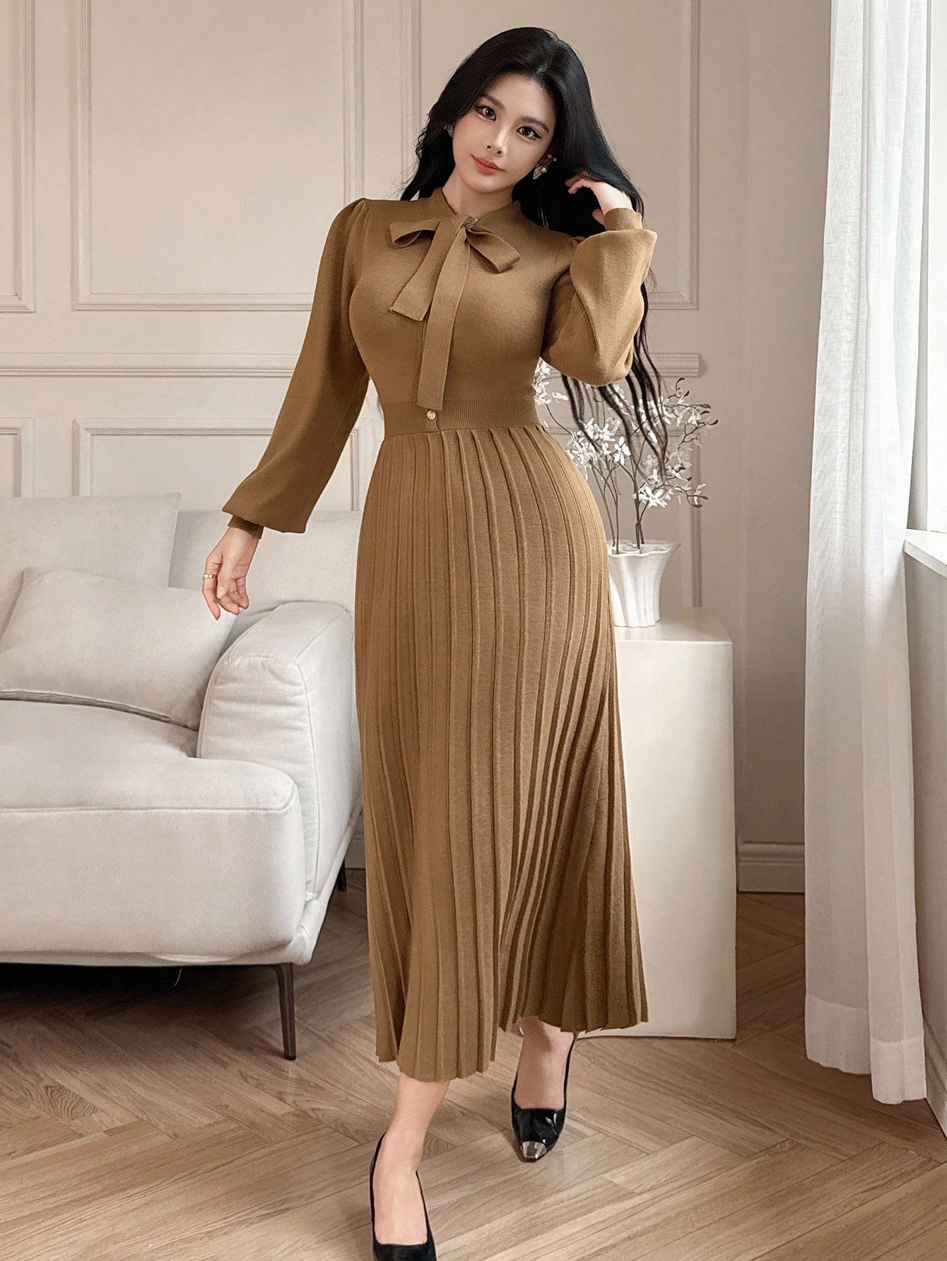 DAZY فستان كنزة صوفية أنيق بلون أحادي مع ربطة، خري...