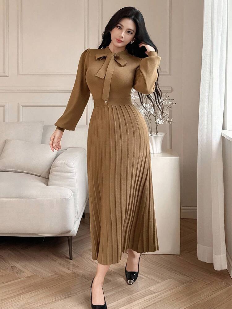 Women's Elegant Solid Color Tie-Up Sweater Dress, Autumn