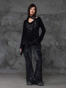 ROMWE Grunge Punk Bloopia Camiseta de manga larga de punto con estampado digital, cuello caído y escote alto, para mujer, estilo coreano casual, rejuvenecedor, para otoño/invierno y Halloween, de alta gama, con collar de perlas