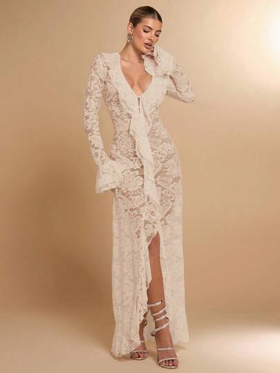 SHEIN BAE Summer Vacation Early Spring Solid White Sexy Simple Elegant Long Sleeve Ruffle Deep V Ladies Lace Simple Ladies Dress, Valentine's Day Dress, Party Dress, Romantic Date Dress, Wedding Bridesmaid Dress, Prom Dress, Daily Commuting Dress, Birthday Dress, Holiday Dress,Valentine's Day,Valentine Outfits For Women