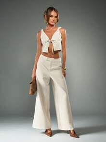 MISSGUIDED 女式无袖短款上衣，正面系带细节 V 领夏季节日衬衫 - 淺灰色 - 查看 3