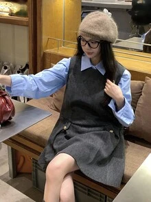 DAZY 女士纯色韩版休闲中长款羊毛连衣裙 - 灰色 - 查看 6