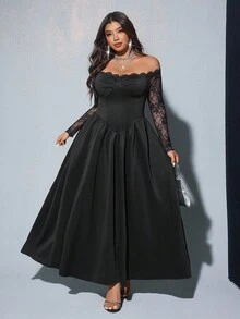 Viva Relle 大码性感蕾丝露肩连衣裙 - 黑色 - 查看 1