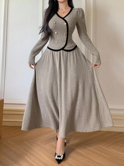 DAZY 女款休閒法式優雅對比色拼接V領上衣與A字裙兩件套，秋季早午餐米色