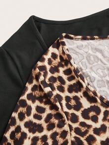 SHEIN EZwear 两件套加大码女式圆领豹纹长袖套装，秋冬季百搭基础款T恤，休闲外套，Y2K风格紧身豹纹上衣猎豹纹上衣 - 彩色 - 查看 7