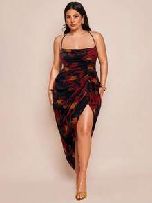 SHEIN BAE 加大码女款紫色网眼印花褶饰高开衩垂坠领吊带背心裙，春夏，Y2K，美国独立日服装，性感女款夜店服装，乡村音乐会服装，美国独立日，女款音乐会服装，狂欢节服装，女款西部服饰，毕业礼服，女款度假服装，碎花，女款夏季服装，优雅女款连衣裙，太阳裙，飘逸连衣裙 - 紅色 - 查看 5