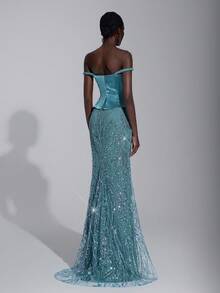 Elitara Elegant Luxurious Off Shoulder Linen Rope Sleeve Elastic Satin Patchwork Beaded Sequin Floral Mermaid Dress, Suitable For Wedding, Party, Vacation, Prom, Evening Gown (Heavy Embellished) - Blue - View 3